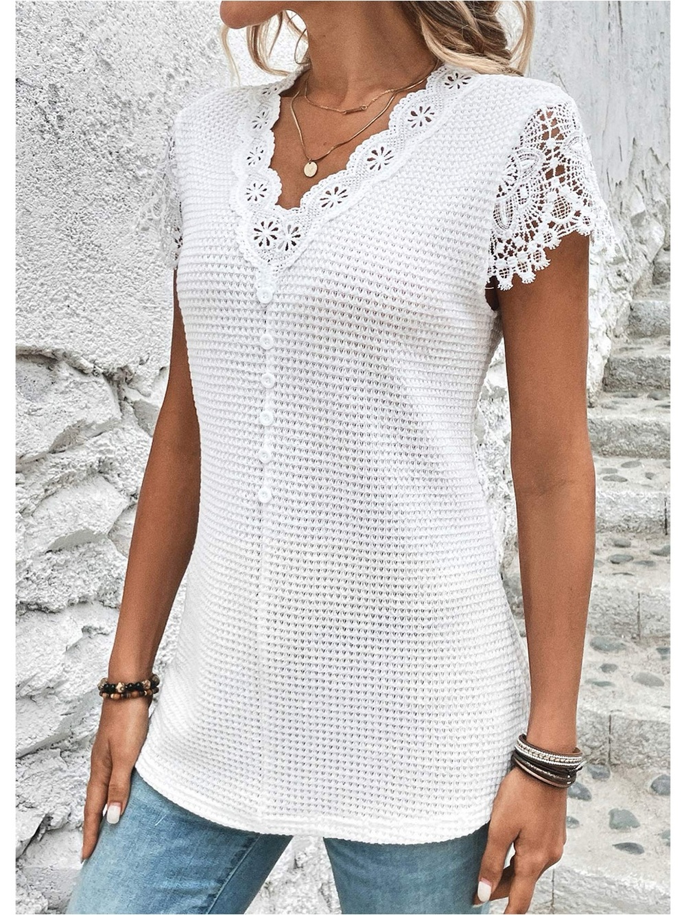 ModLily White Lace Short Sleeve Waffle Knit V Neck T Shirt